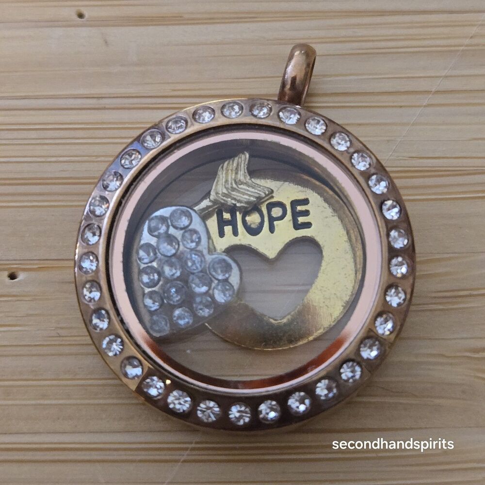 Floating Memory Charm Locket Rose Gold Hope Arrow Pave Crystal Heart Pendant